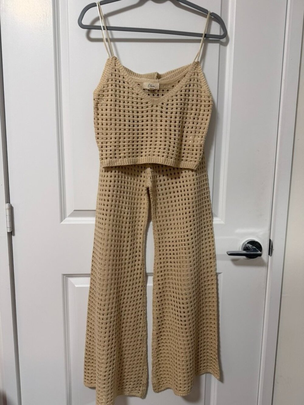 Elan Beige Crochet 2 Piece Set Top L Pants S